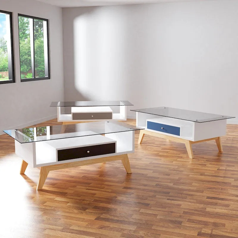 Moderner Couchtisch mit Glasplatte, Schublade und schrägen Beinen
