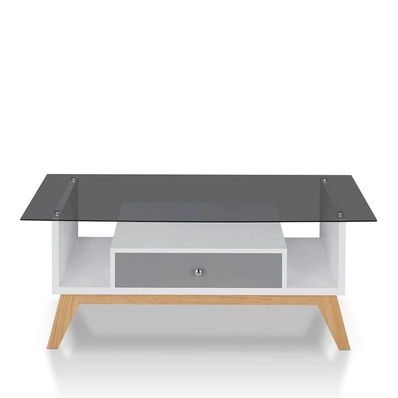 Moderner Couchtisch mit Glasplatte, Schublade und schrägen Beinen