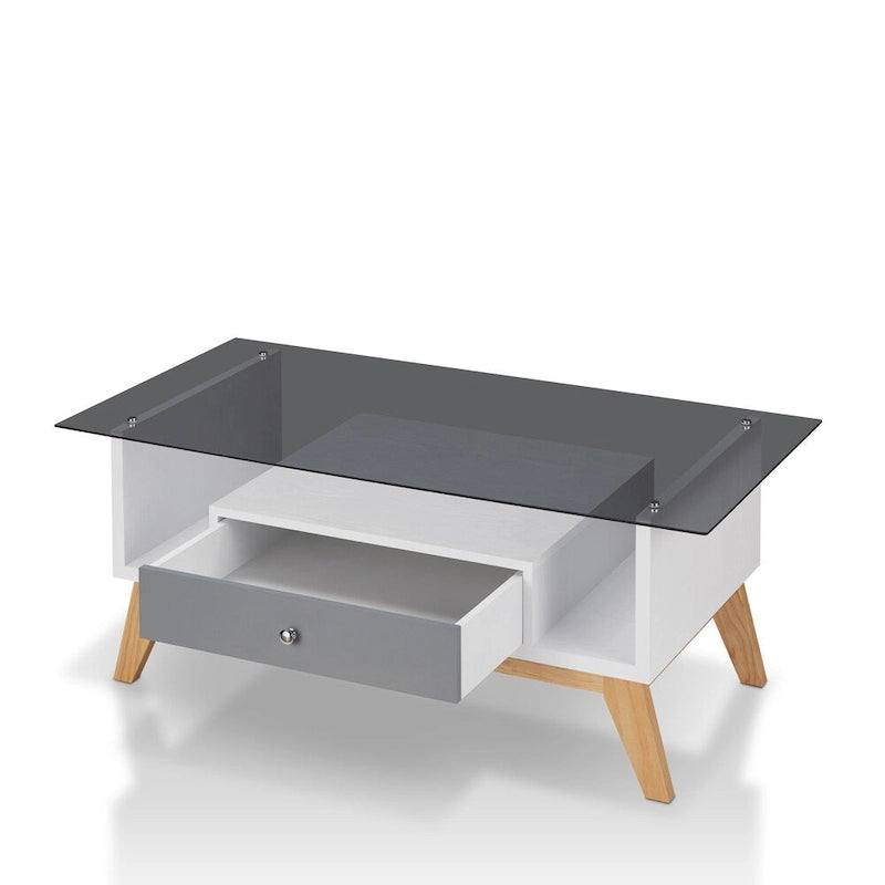 Moderner Couchtisch mit Glasplatte, Schublade und schrägen Beinen