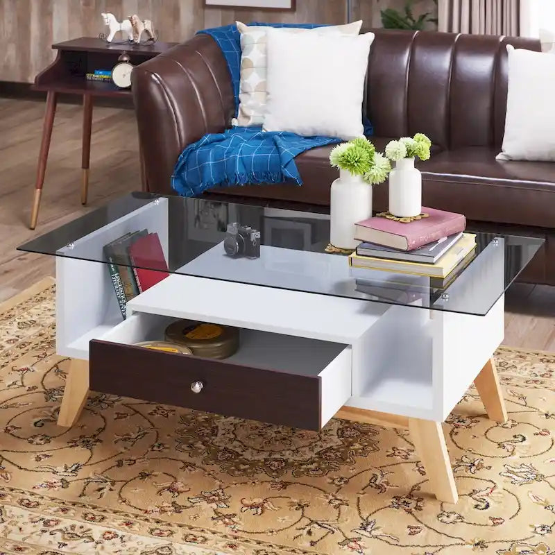 Moderner Couchtisch mit Glasplatte, Schublade und schrägen Beinen