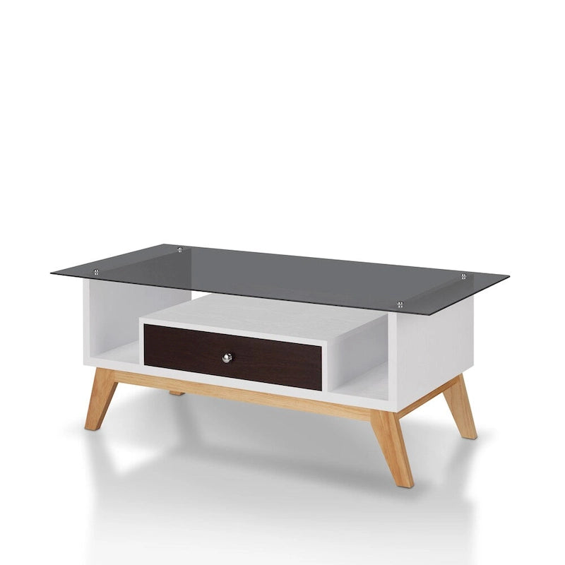 Moderner Couchtisch mit Glasplatte, Schublade und schrägen Beinen