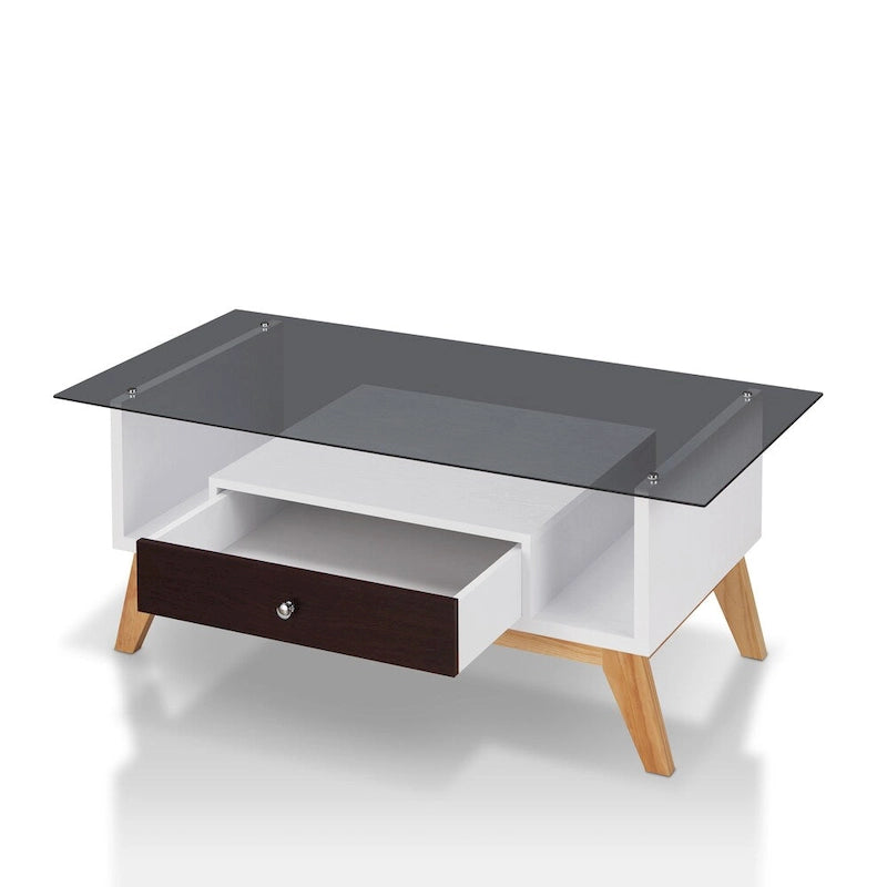 Moderner Couchtisch mit Glasplatte, Schublade und schrägen Beinen