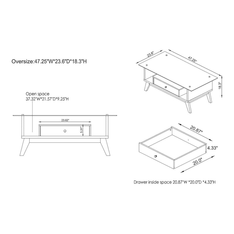 Moderner Couchtisch mit Glasplatte, Schublade und schrägen Beinen