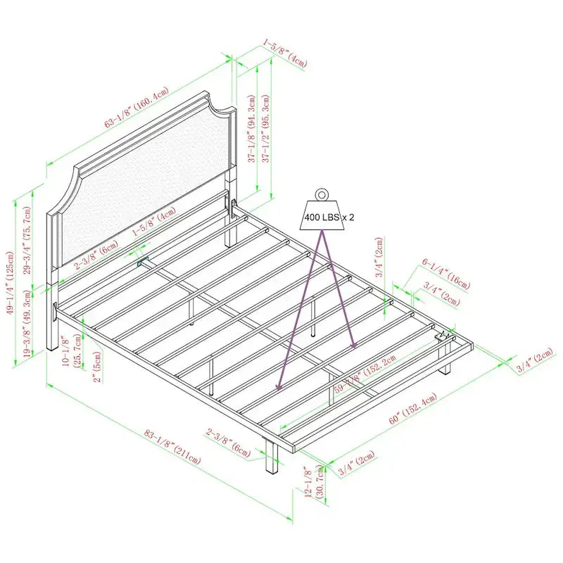 Metallbettgestell in Queensize mit geschwungenem, abnehmbarem gepolstertem Kopfteileinsatz