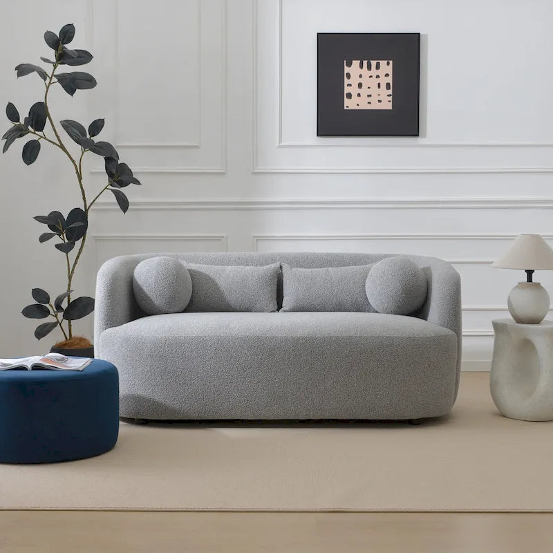 Curved Boucle Upholstered Two Seater Loveseat with Four Accent Pillows