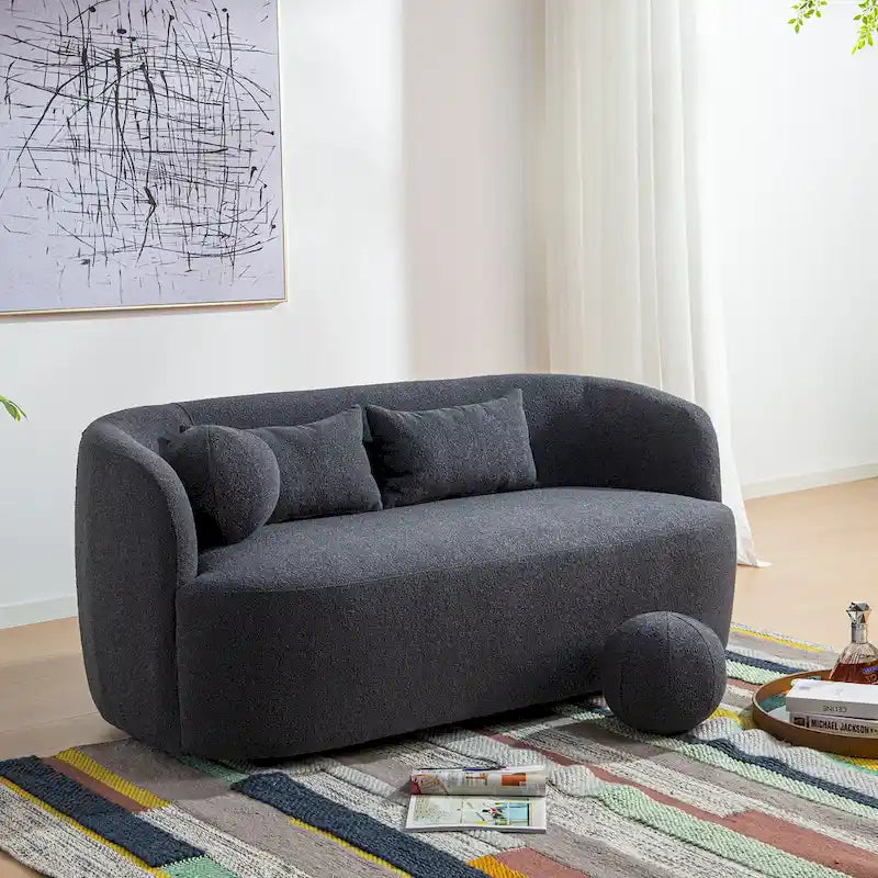 Curved Boucle Upholstered Two Seater Loveseat with Four Accent Pillows