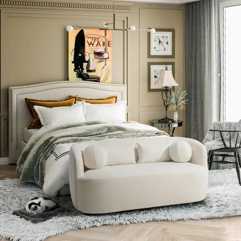 Curved Boucle Upholstered Two Seater Loveseat with Four Accent Pillows
