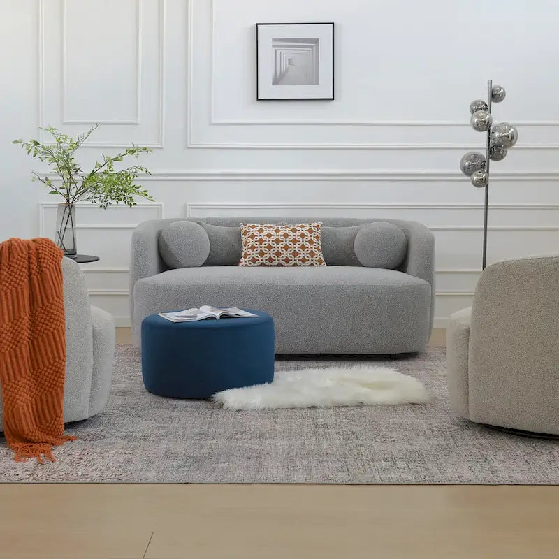 Curved Boucle Upholstered Two Seater Loveseat with Four Accent Pillows