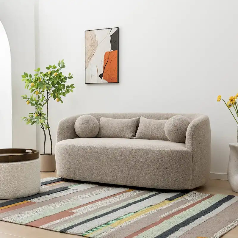 Curved Boucle Upholstered Two Seater Loveseat with Four Accent Pillows