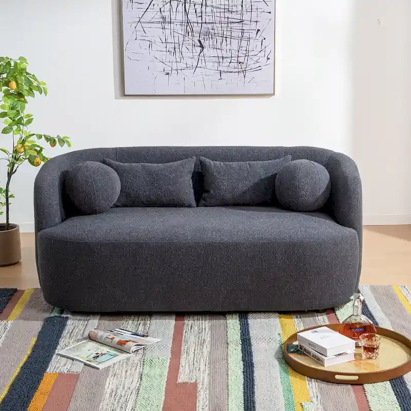 Curved Boucle Upholstered Two Seater Loveseat with Four Accent Pillows