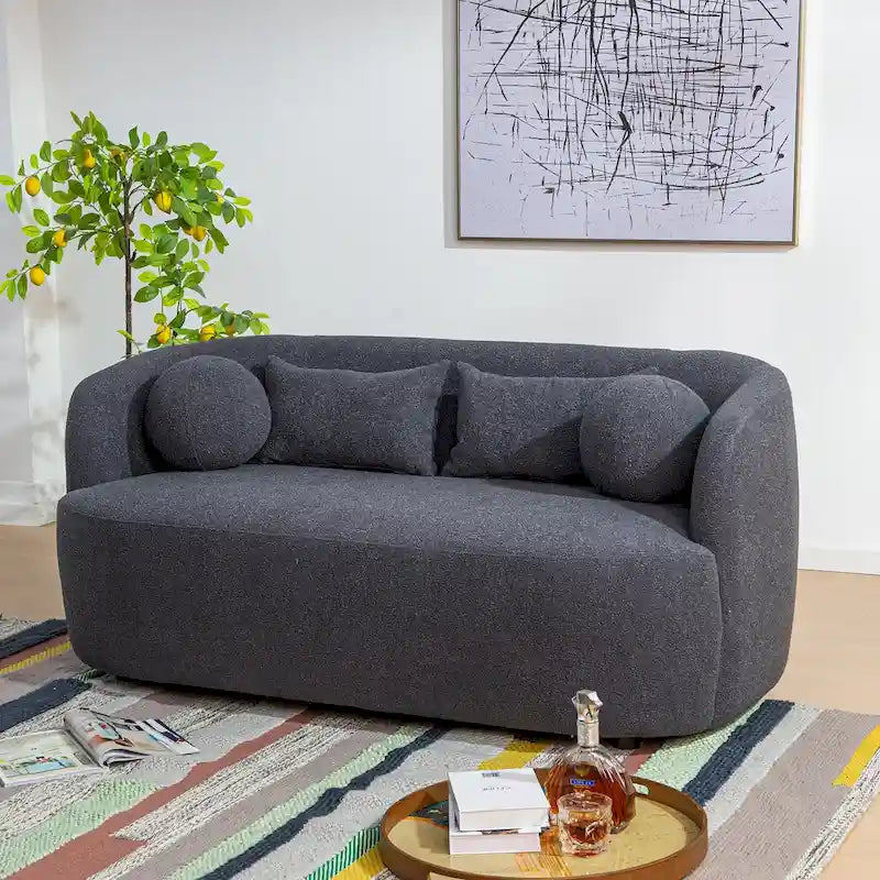 Curved Boucle Upholstered Two Seater Loveseat with Four Accent Pillows
