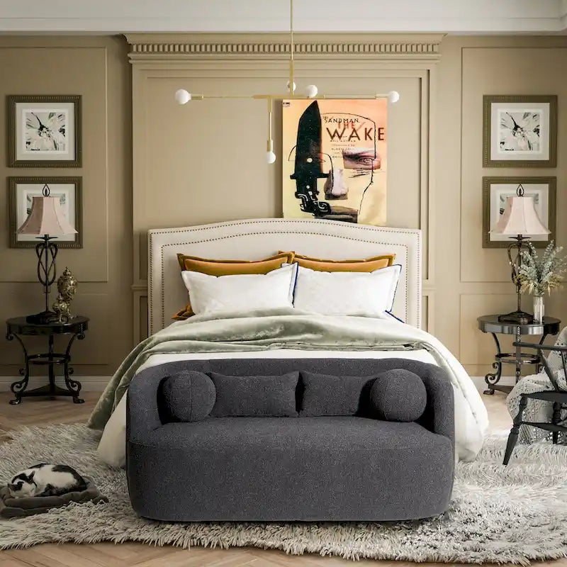 Curved Boucle Upholstered Two Seater Loveseat with Four Accent Pillows