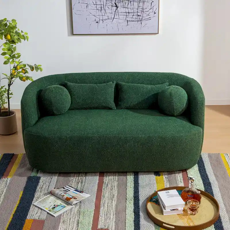 Curved Boucle Upholstered Two Seater Loveseat with Four Accent Pillows