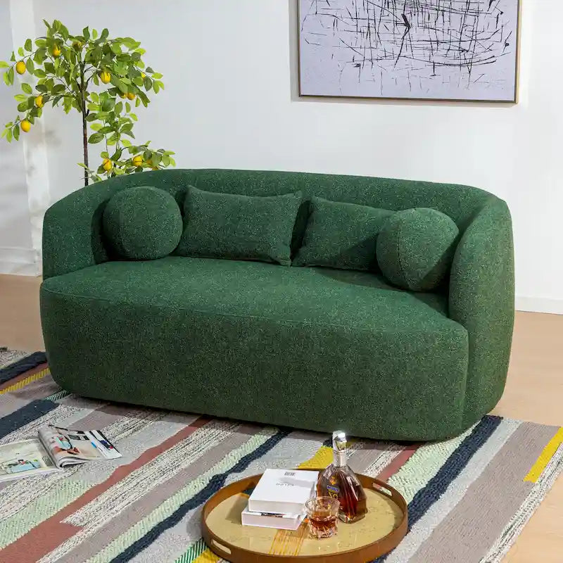 Curved Boucle Upholstered Two Seater Loveseat with Four Accent Pillows