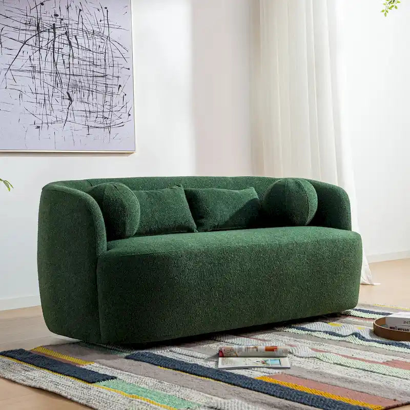 Curved Boucle Upholstered Two Seater Loveseat with Four Accent Pillows