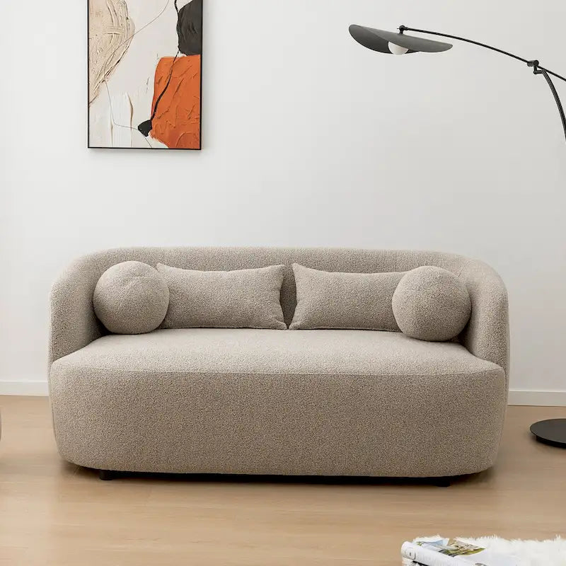 Curved Boucle Upholstered Two Seater Loveseat with Four Accent Pillows