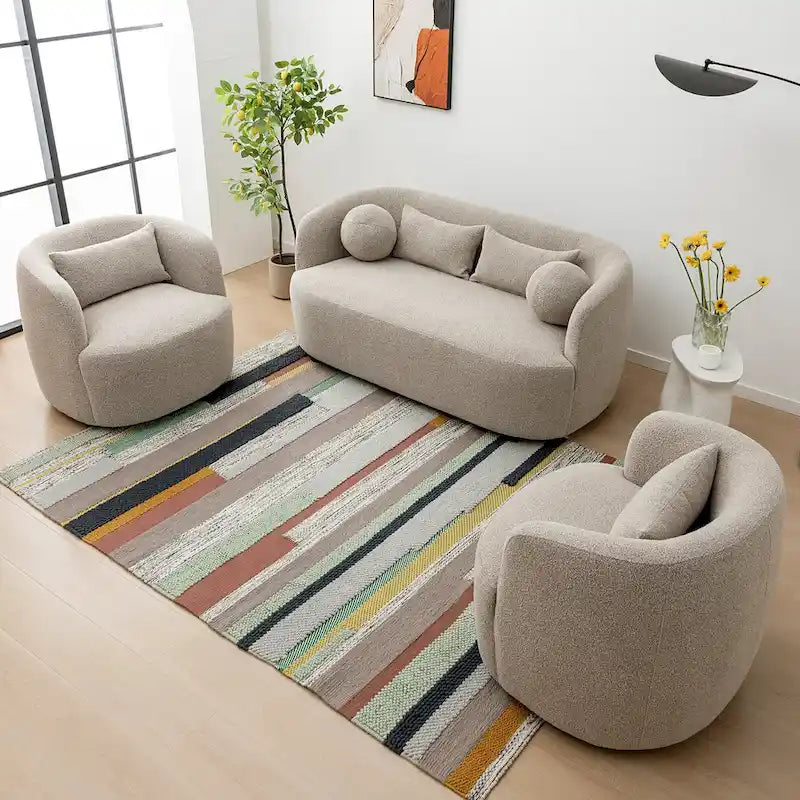 Curved Boucle Upholstered Two Seater Loveseat with Four Accent Pillows