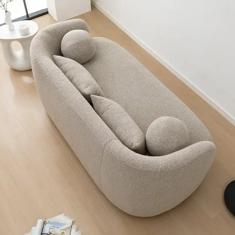 Curved Boucle Upholstered Two Seater Loveseat with Four Accent Pillows