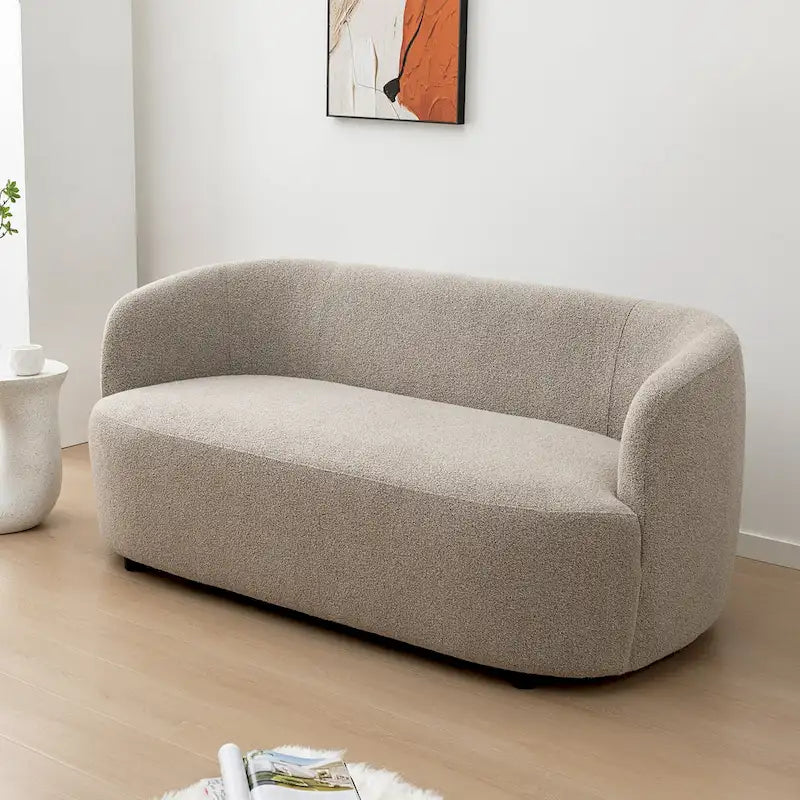 Curved Boucle Upholstered Two Seater Loveseat with Four Accent Pillows