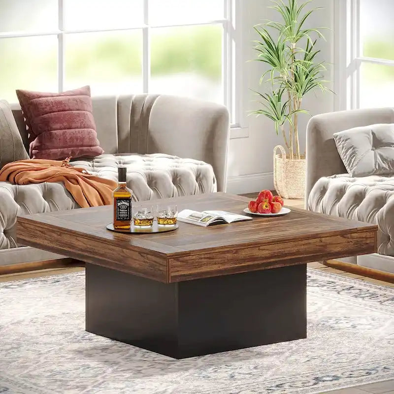 Farmhouse Square LED Coffee Table with Rustic Finish Pedestal Base