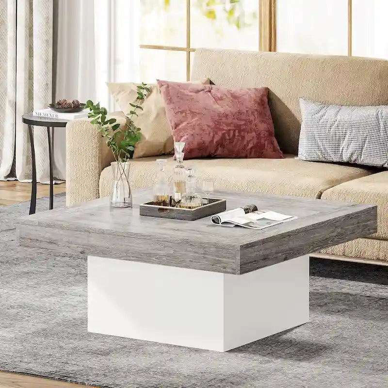 Farmhouse Square LED Coffee Table with Rustic Finish Pedestal Base