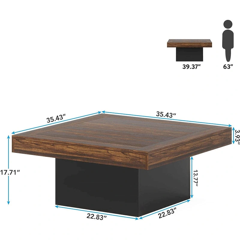 Farmhouse Square LED Coffee Table with Rustic Finish Pedestal Base