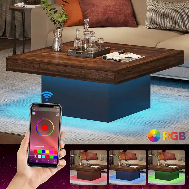 Farmhouse Square LED Coffee Table with Rustic Finish Pedestal Base