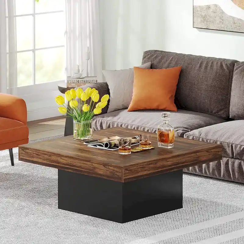 Quadratischer LED-Couchtisch im Landhausstil mit rustikaler Oberfläche und Sockel