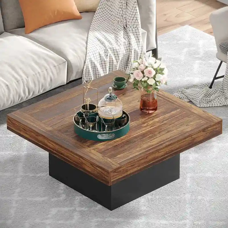 Quadratischer LED-Couchtisch im Landhausstil mit rustikaler Oberfläche und Sockel
