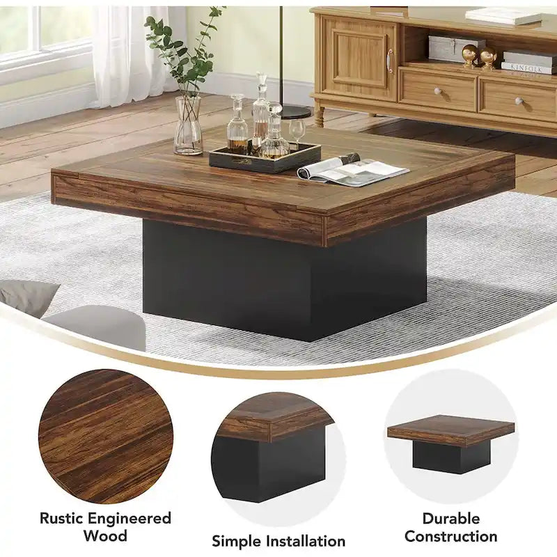 Quadratischer LED-Couchtisch im Landhausstil mit rustikaler Oberfläche und Sockel