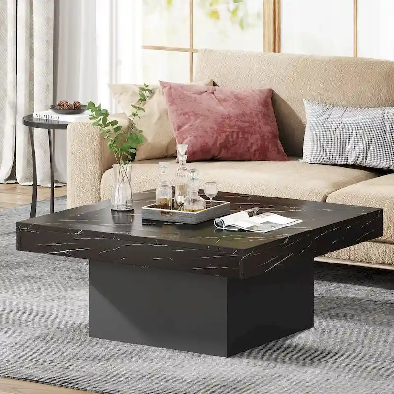 Quadratischer LED-Couchtisch im Landhausstil mit rustikaler Oberfläche und Sockel