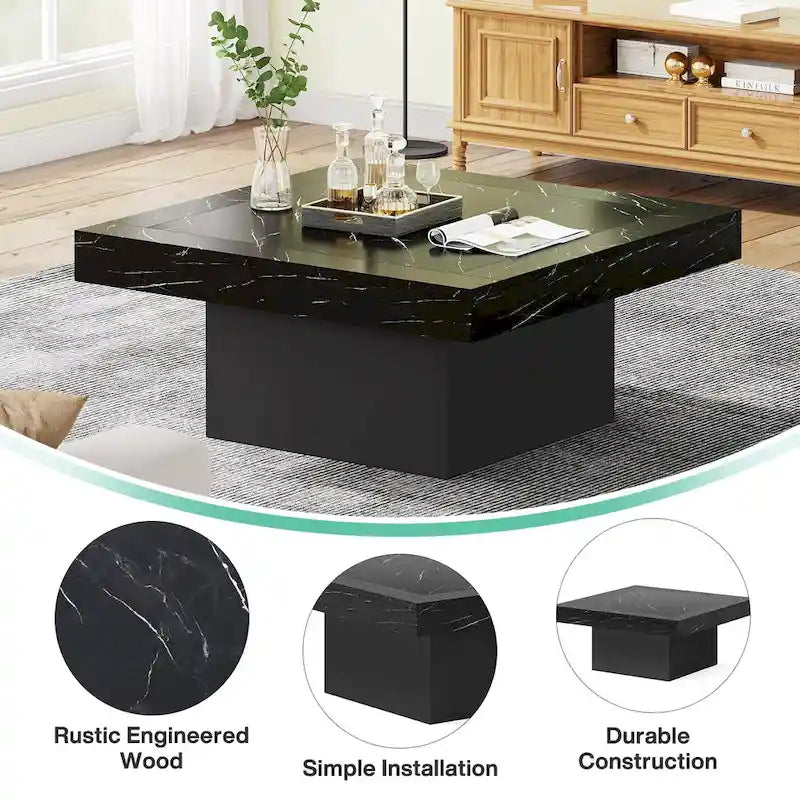 Quadratischer LED-Couchtisch im Landhausstil mit rustikaler Oberfläche und Sockel