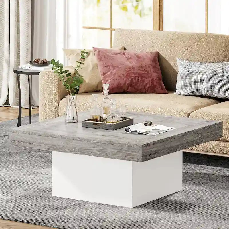 Quadratischer LED-Couchtisch im Landhausstil mit rustikaler Oberfläche und Sockel