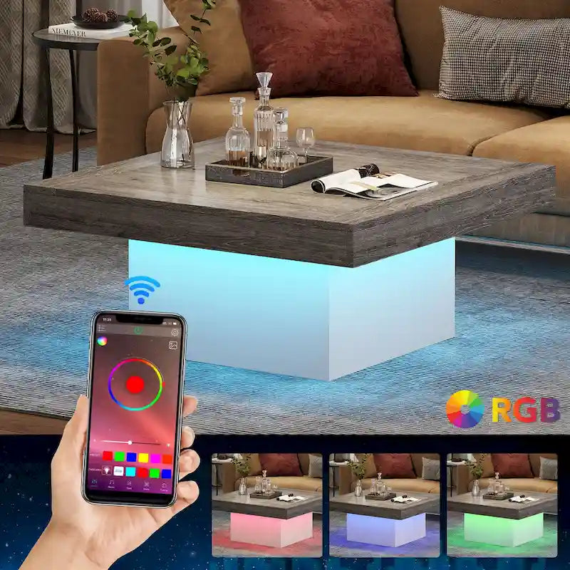 Quadratischer LED-Couchtisch im Landhausstil mit rustikaler Oberfläche und Sockel