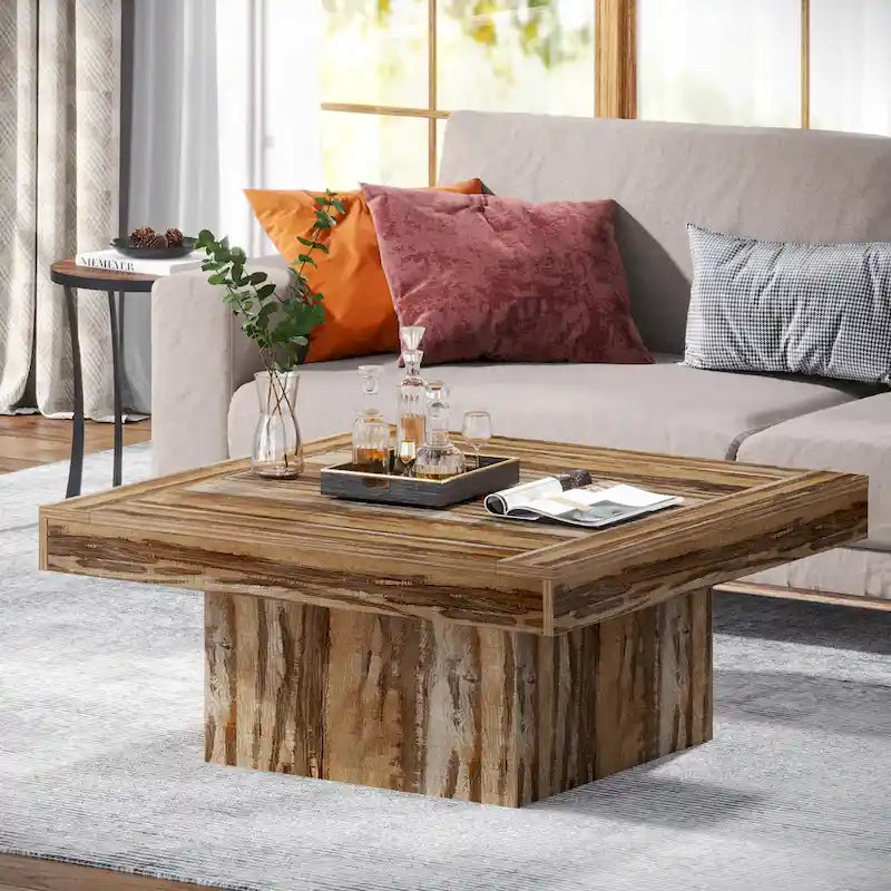 Quadratischer LED-Couchtisch im Landhausstil mit rustikaler Oberfläche und Sockel
