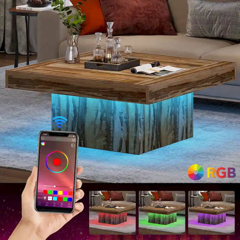 Quadratischer LED-Couchtisch im Landhausstil mit rustikaler Oberfläche und Sockel