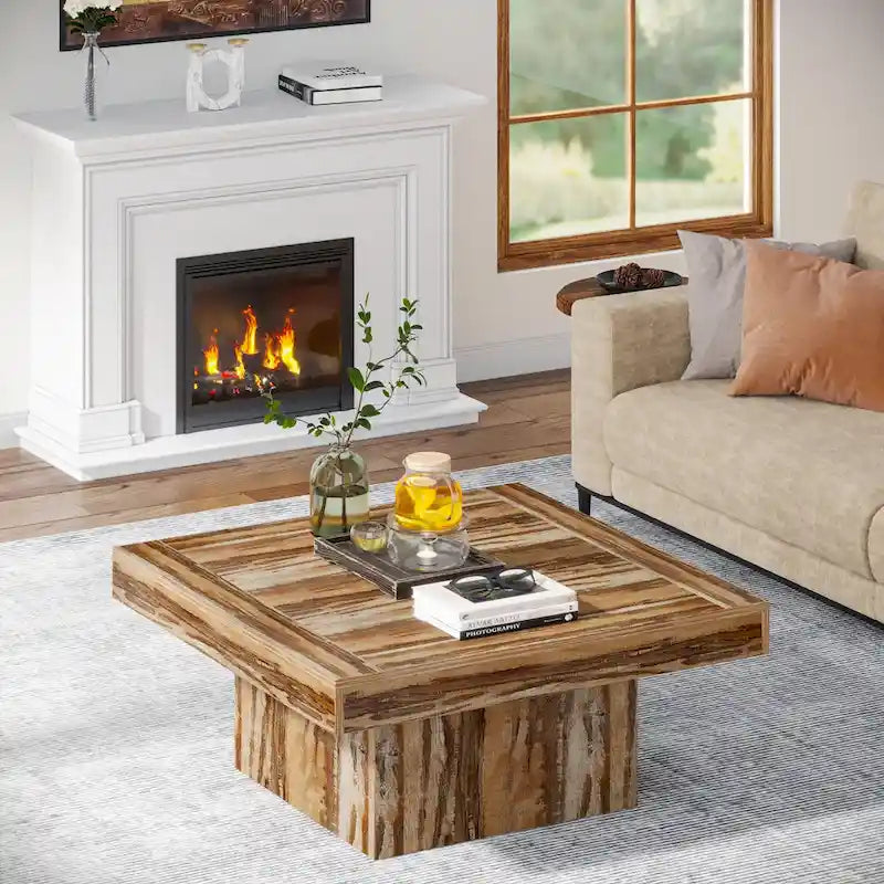 Quadratischer LED-Couchtisch im Landhausstil mit rustikaler Oberfläche und Sockel