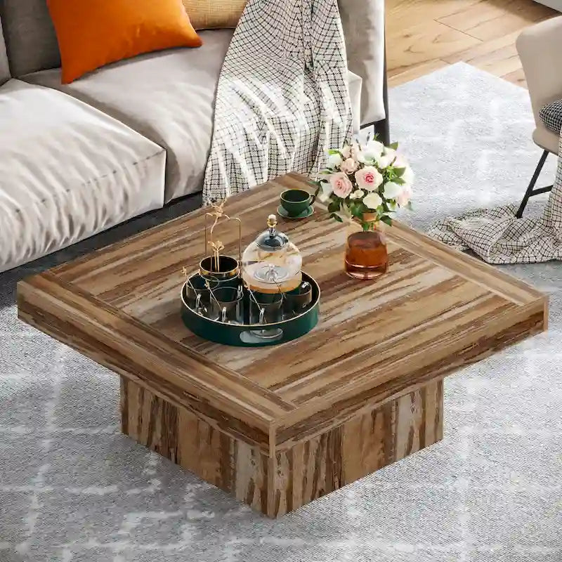Quadratischer LED-Couchtisch im Landhausstil mit rustikaler Oberfläche und Sockel