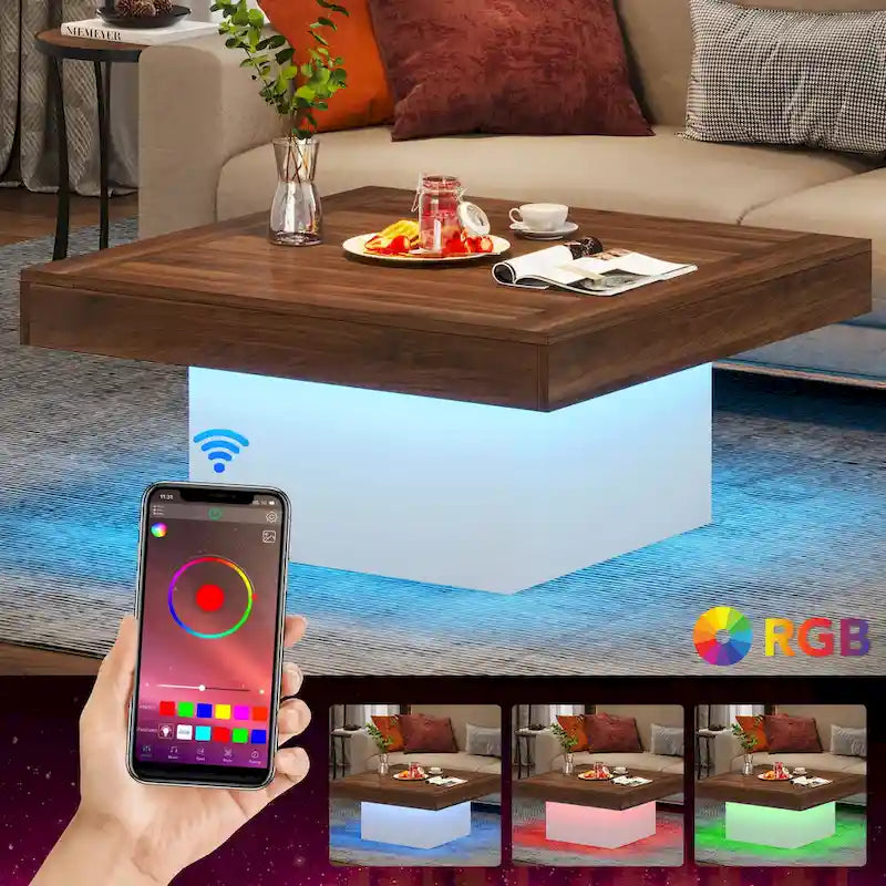 Quadratischer LED-Couchtisch im Landhausstil mit rustikaler Oberfläche und Sockel
