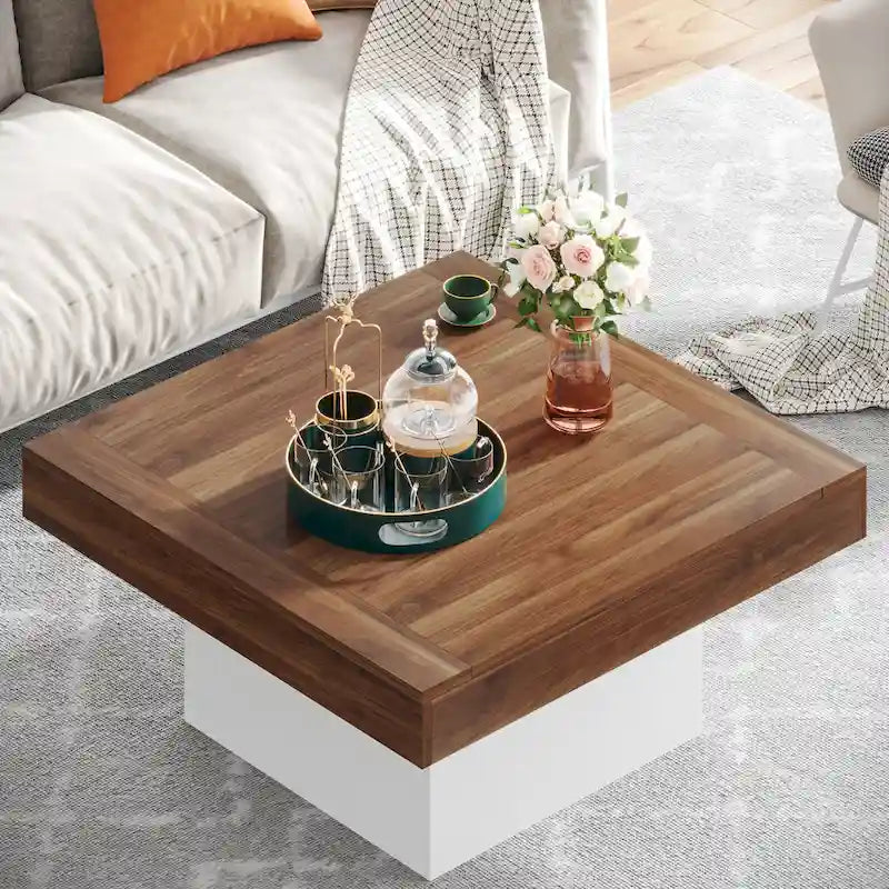 Quadratischer LED-Couchtisch im Landhausstil mit rustikaler Oberfläche und Sockel
