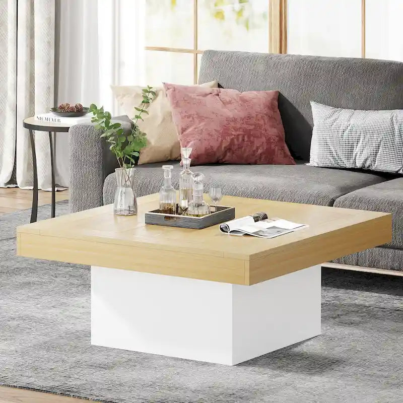 Quadratischer LED-Couchtisch im Landhausstil mit rustikaler Oberfläche und Sockel