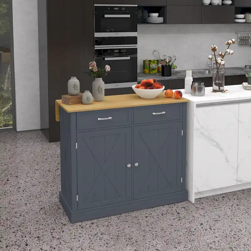 Dark Gray Rolling Kitchen Cart with Drawers and Folding Countertop