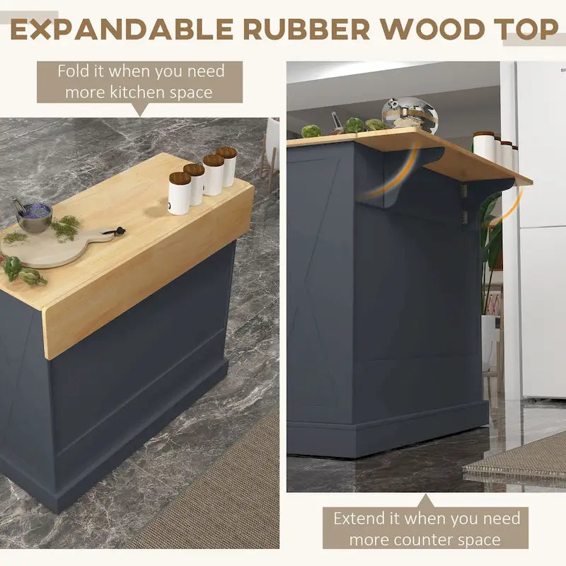 Dark Gray Rolling Kitchen Cart with Drawers and Folding Countertop