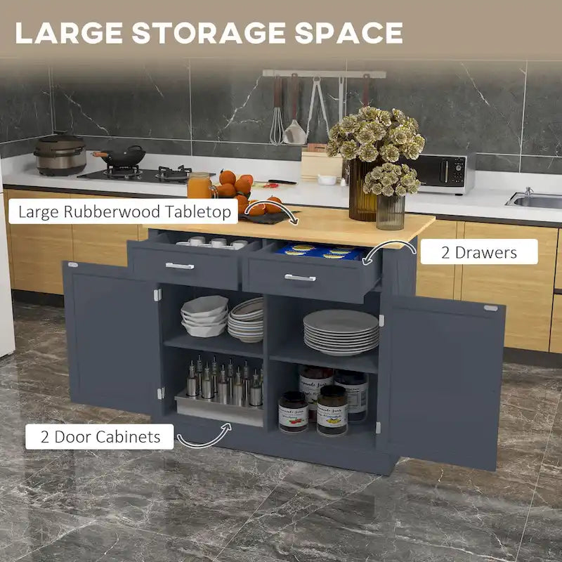 Dark Gray Rolling Kitchen Cart with Drawers and Folding Countertop