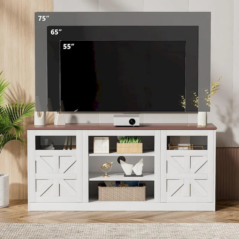 Meuble TV blanc de style ferme avec portes de grange vitrées et étagères réglables