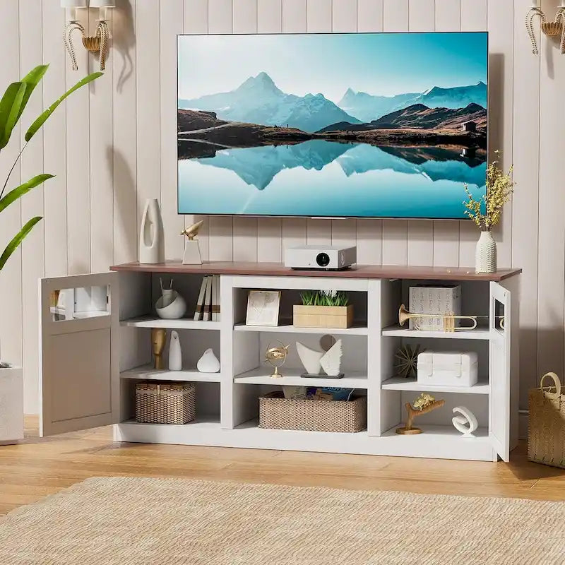 White Farmhouse TV Stand with Glass Barn Doors Adjustable Shelves