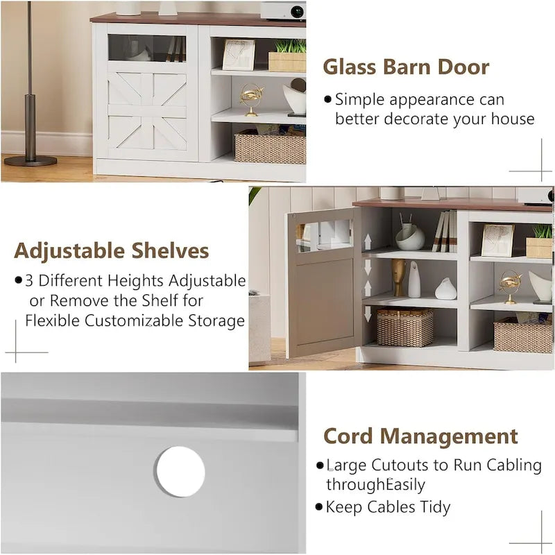 Meuble TV blanc de style ferme avec portes de grange vitrées et étagères réglables
