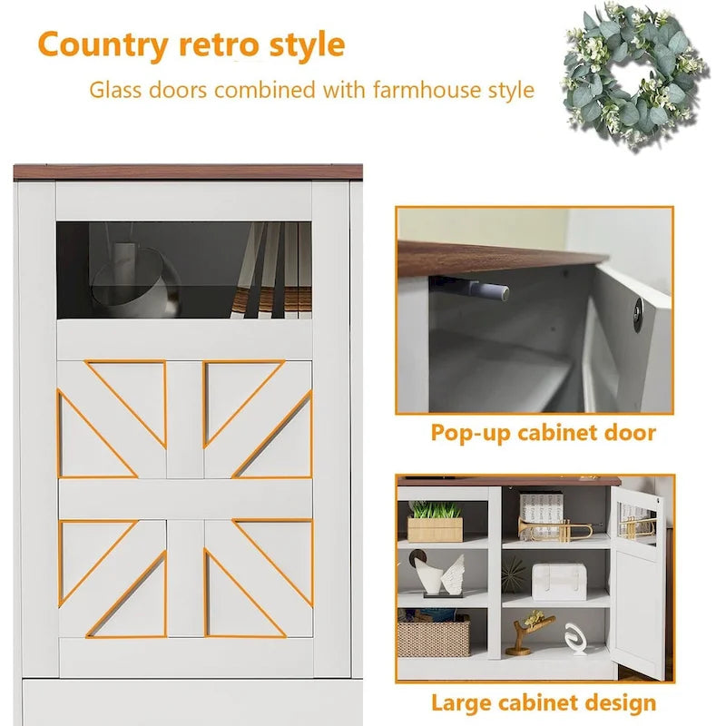 Meuble TV blanc de style ferme avec portes de grange vitrées et étagères réglables