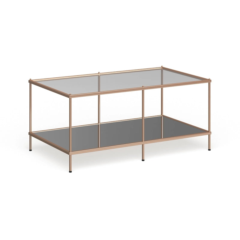 Rectangular Glass Coffee Table with Metallic Frame and Mirrored Shelf