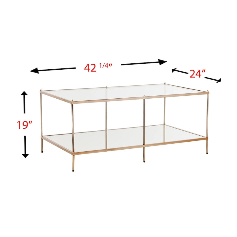 Rectangular Glass Coffee Table with Metallic Frame and Mirrored Shelf